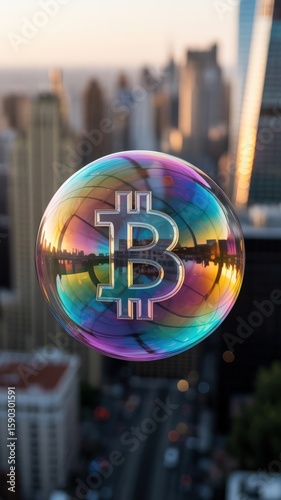 Bitcoin symbol floating in iridescent soap bubble