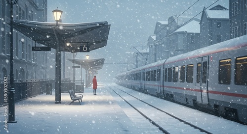 Lone figure in red coat waits on snowy train platform during snowfall