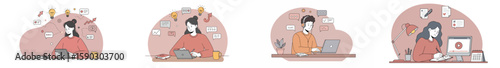 Multi-scene illustration of four professional women engaged in different work activities with floating icons