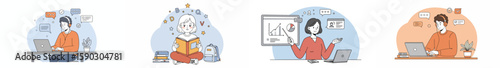 Four-panel illustration of modern work and study with digital communication and data analysis