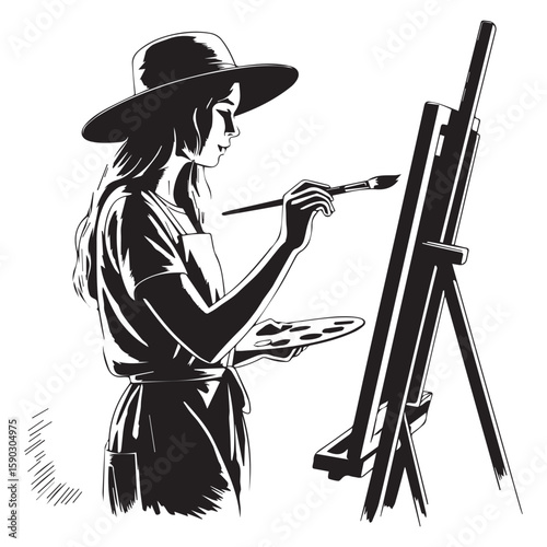 A female artist is painting on a canvas with a brush and palette, isolated on white background