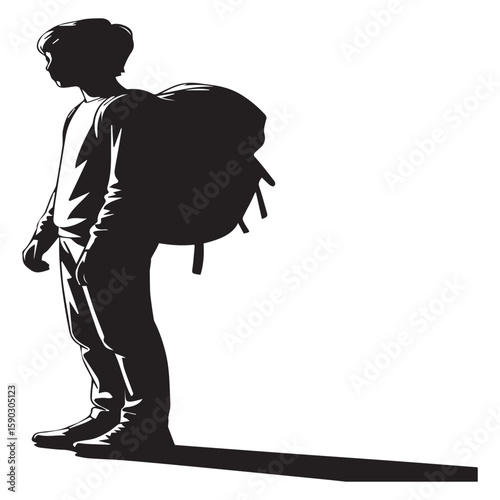A lone backpacker is walking with a large backpack, depicted as a silhouette against a white background