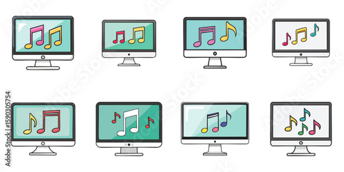 Multiple vector illustrations of musical notes on monitor