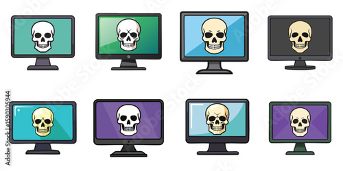 Multiple vector illustrations of skulls on monitor

