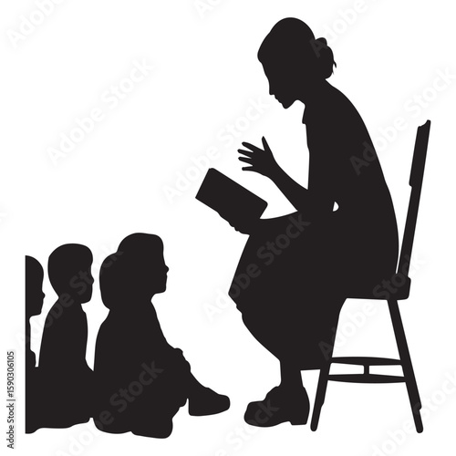 A teacher is reading to children sitting on the floor, shown as a silhouette against a white background