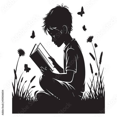 A young boy is depicted in silhouette, absorbed in reading a book while sitting in a field of grass and flowers with butterflies, isolated on white background