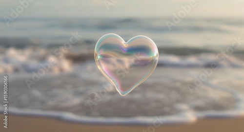 Heart-shaped soap bubble floating over serene beach landscape