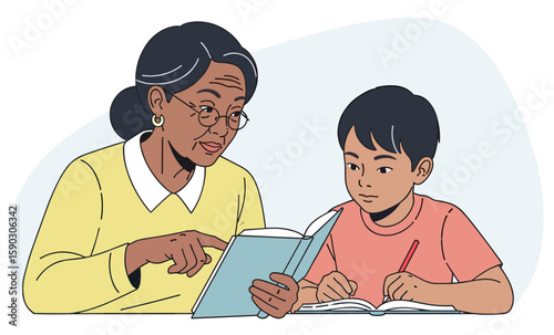 Latin American senior woman helping grandson with homework