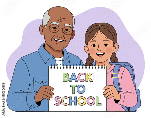 Latin Grandpa posing with granddaughter with Back to School Banner