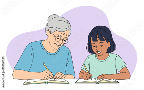 Senior Caucasian Woman Tutoring Young Asian Girl Studying