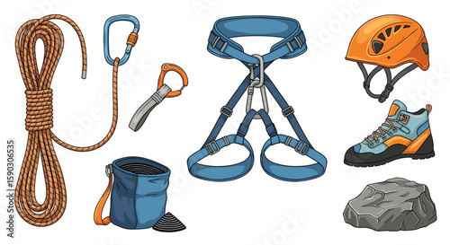 Illustration of climbing equipment including rope, carabiners, harness, helmet, boot and chalk bag on transparent background