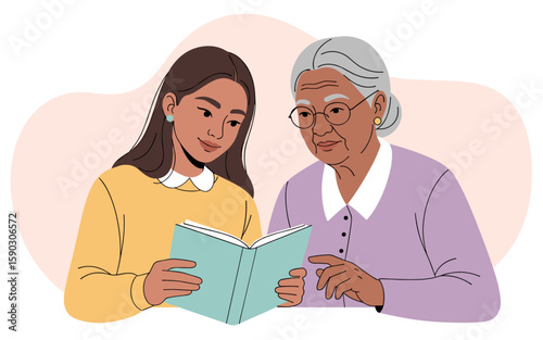 Young Latina girl and Reading Book with her grandmother