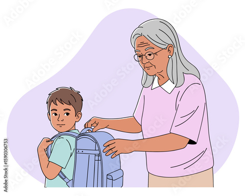 Grandmother helping her grandson getting ready for school