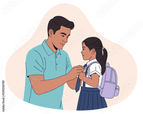 Latin American father helping his daughter getting ready for school