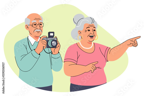 Senior Couple Photographing and Pointing during trip