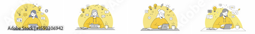 Female professional working at desk with laptop and productivity icons in four sequential scenes