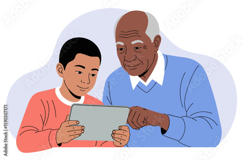 Latin boy helping his grandfather to use digital tablet