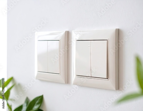 Two white wall switches on a white wall