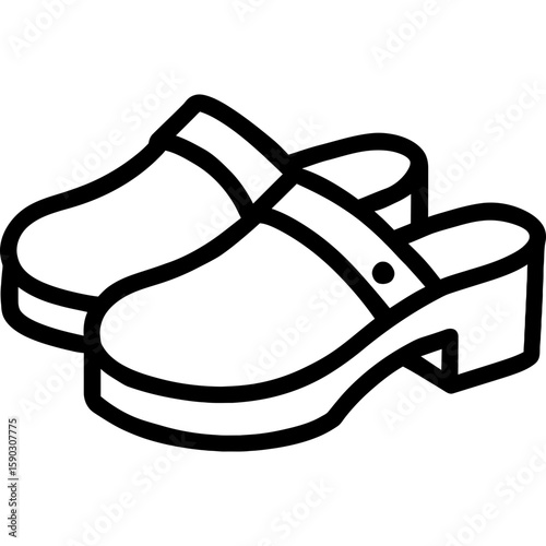 Black and white outline icon of wooden clogs vector style