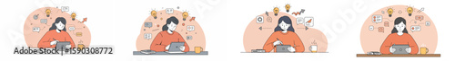 Multi-panel illustration of a dark-haired woman working at a desk with productivity icons and beverages