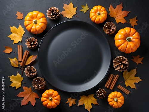 Fall thanksgiving dinner table setting with pumpkins and autumn leaves top view flat lay