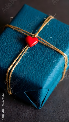 Blue gift box with red heart and twine for valentine's day birthday or anniversary