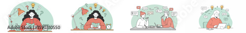 Four-panel illustration of a young woman engaged in work-related activities with a cohesive yet segmented composition