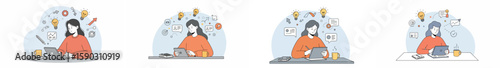 Woman working on laptop in four sequential scenes with office supplies and icons