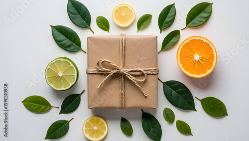 Eco friendly gift wrapping ideas natural present with citrus fruits and green leaves