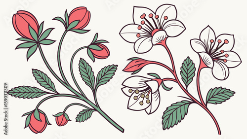 Illustration of two floral sprigs with pink buds and white blossoms on a light background design element created with generated ai