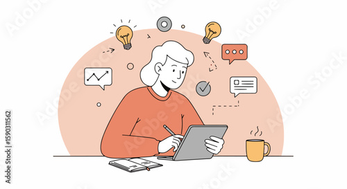 Professional man working at a table with a tablet, pen, and coffee, surrounded by productivity symbols