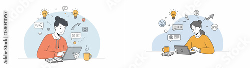 Two female professionals working on laptops with coffee mugs and icons in a pastel-colored illustration