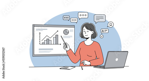 Professional woman presenting business analytics in modern office with laptop and screen visualizations