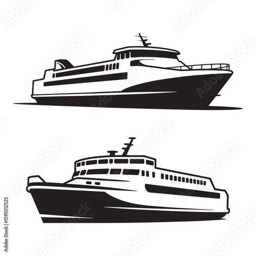 Black and white illustration of two ferries ferry boat