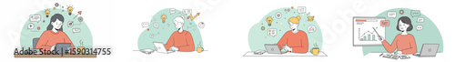 Semi-circular illustration of four professionals working in cohesive earth-toned scenes with light green arches