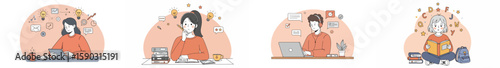 Four-panel illustration of people working and learning in a cohesive color palette