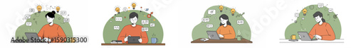 Four young adults working at desks with green and orange background illustration