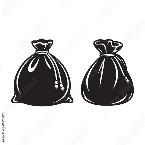 Black drawstring bags with white highlights tied