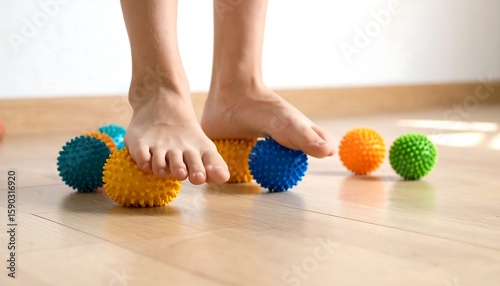 Child's feet on colorful textured balls (1)