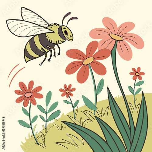 A delightful graphic features a cartoon bee joyfully buzzing amidst charming flowers in a whimsical garden scene, ideal for springtime designs, nature-themed projects, or children's media.