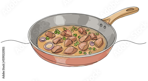 Liver and onions frying in a skillet - one line doodle drawing with watercolor fill, minimalistic vector illustration on white background