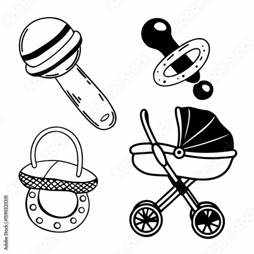 Charming newborn baby shower gifts collection, ideal for baby store branding or nursery decoration, simple cute design.
