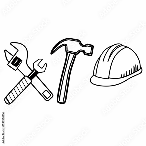 Tools of the trade design shows construction helmet, wrench, and hammer ideal for builders, repairs, and DIY projects on any building and architectural plans.