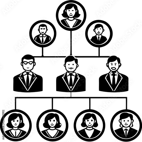 Hierarchical chart graphic representing a corporate team or family tree with stylized people icons connected by lines, perfect for presentations or organizational branding with scalable design.