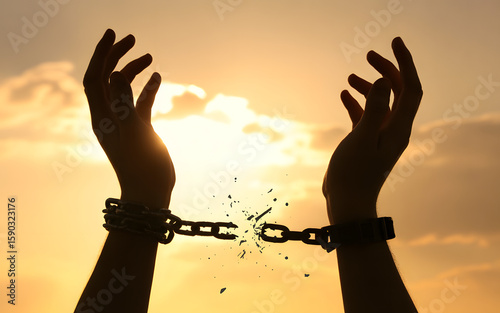 Hands rise toward the sun, chains broken, signifying freedom and liberation against a golden sky.