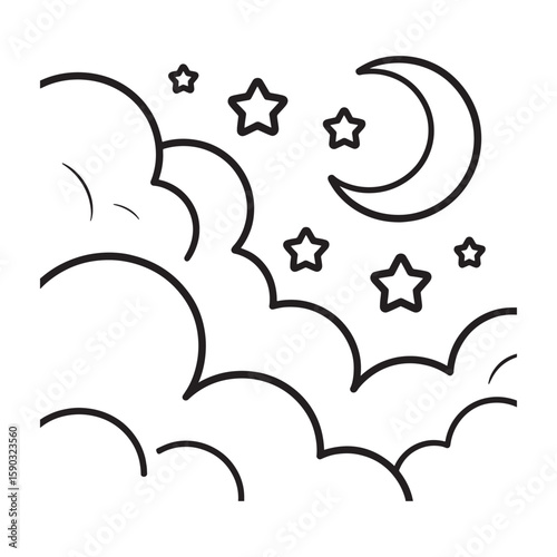 Crescent moon and stars among fluffy clouds night sky outline