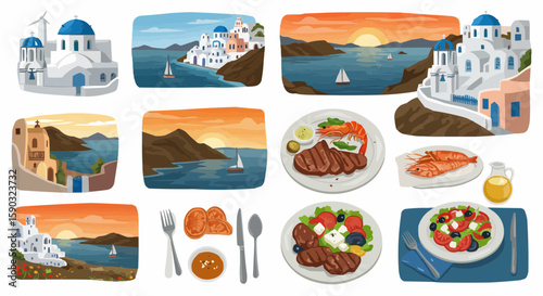 Tourist Meal Illustrations – Travel Cuisine Dishes with Scenic Backgrounds