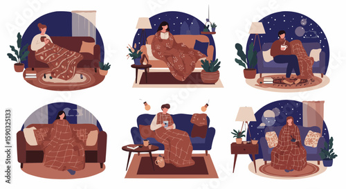 Cozy Living Room Illustration – Family Chatting and Relaxing Indoors Scene