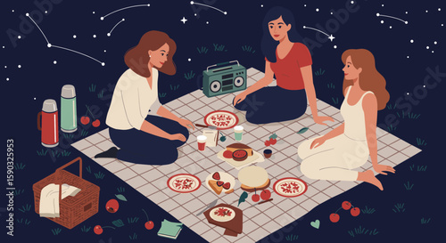 Starry Night Picnic with Diverse Group of Women
