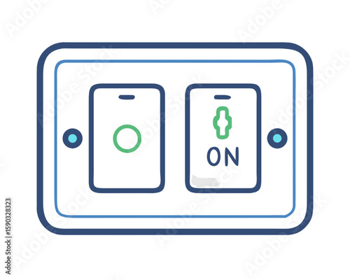 Power Control Panel: An illustrative close-up presents a double light switch panel with a clear, clean design. Featuring two switches in operation with green illuminated icons.